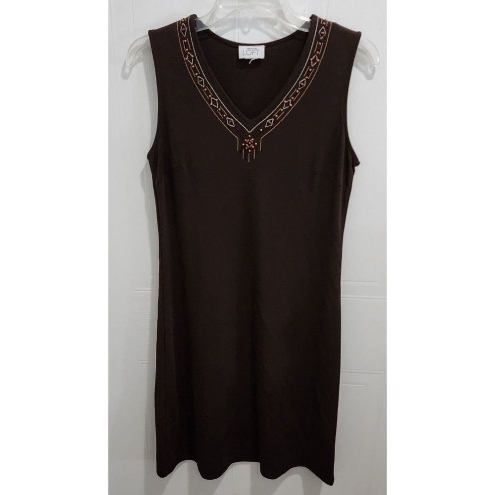 Ann Taylor LOFT Women's Sleeveless Tank‎ Dress Solid Brown Beaded Neck Sz Medium